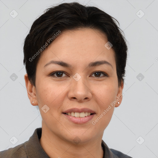 Joyful asian young-adult female with short  brown hair and brown eyes