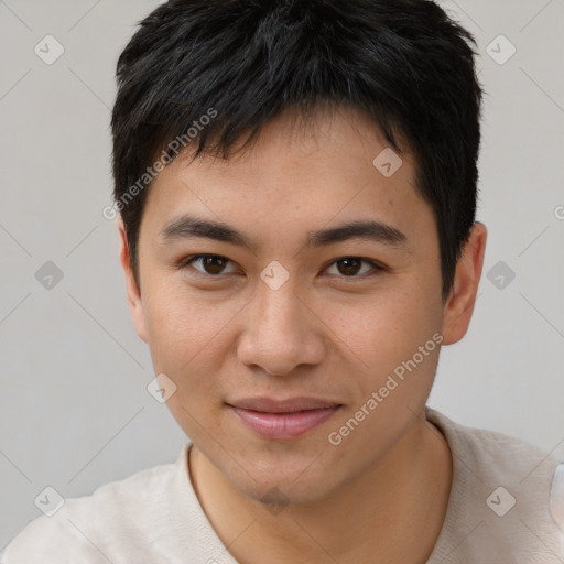 Joyful asian young-adult male with short  brown hair and brown eyes