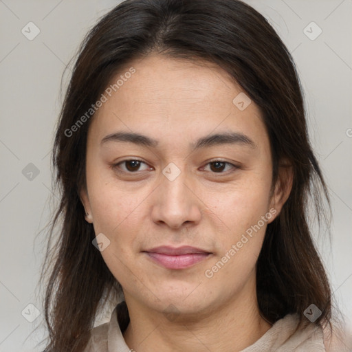 Joyful white young-adult female with medium  brown hair and brown eyes