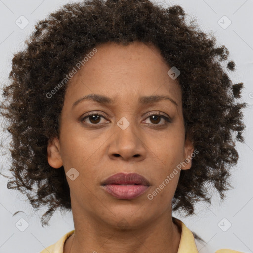 Neutral black adult female with short  brown hair and brown eyes