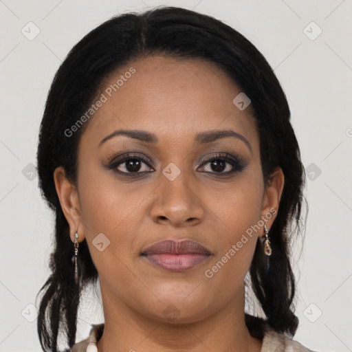 Joyful latino young-adult female with medium  black hair and brown eyes