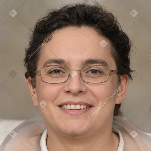 Joyful white adult female with short  brown hair and brown eyes