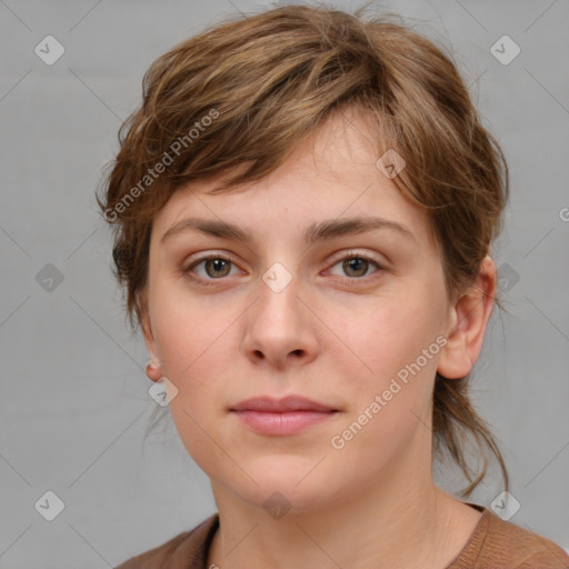 Neutral white young-adult female with medium  brown hair and grey eyes