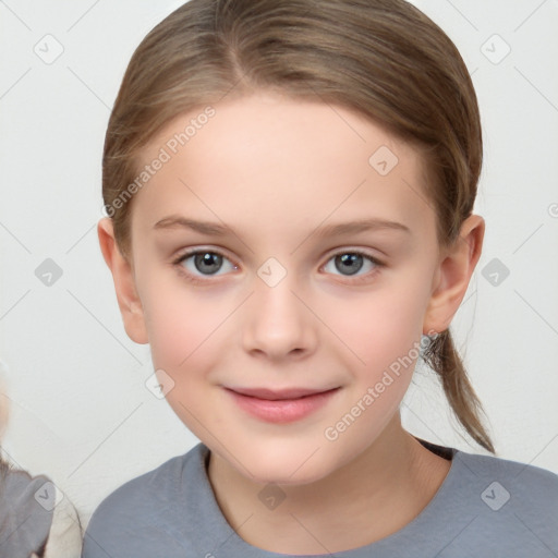 Joyful white child female with medium  brown hair and brown eyes