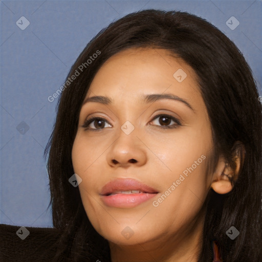 Joyful latino young-adult female with long  black hair and brown eyes