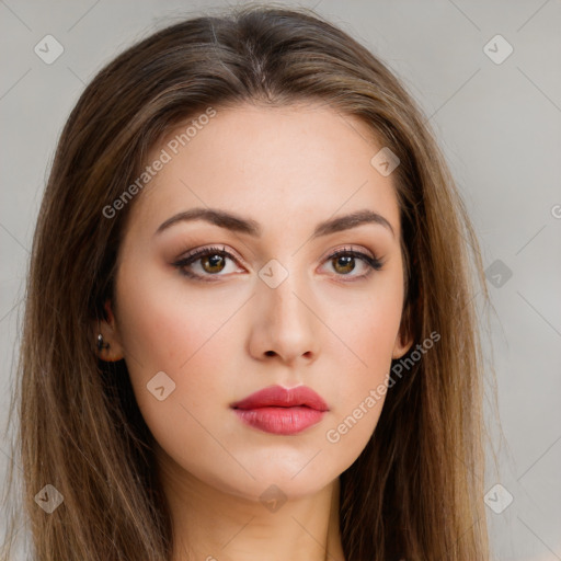 Neutral white young-adult female with long  brown hair and brown eyes