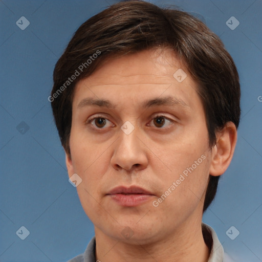 Neutral white adult female with short  brown hair and brown eyes