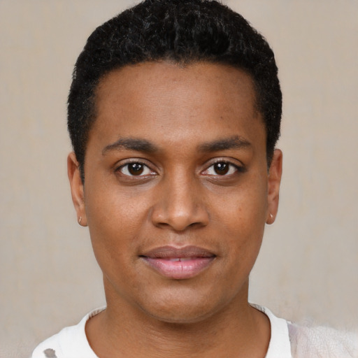 Joyful black young-adult male with short  black hair and brown eyes