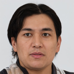 Neutral asian adult male with short  black hair and brown eyes