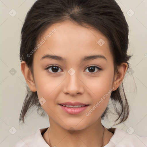 Joyful white child female with medium  brown hair and brown eyes