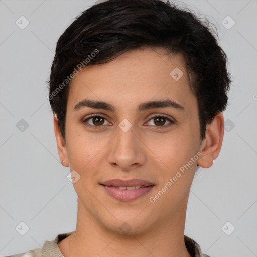 Joyful white young-adult female with short  brown hair and brown eyes