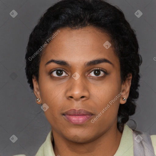 Neutral black young-adult female with short  black hair and brown eyes