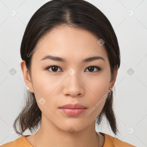 Neutral white young-adult female with medium  brown hair and brown eyes