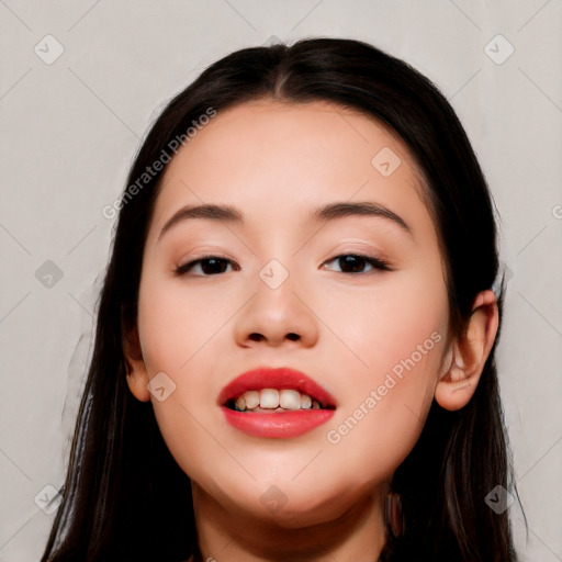 Joyful white young-adult female with long  black hair and brown eyes