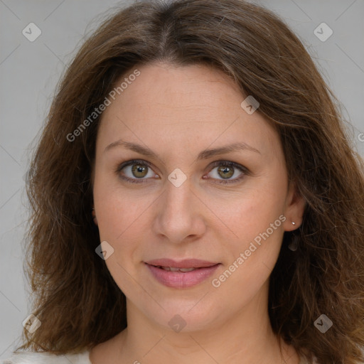 Joyful white young-adult female with medium  brown hair and green eyes