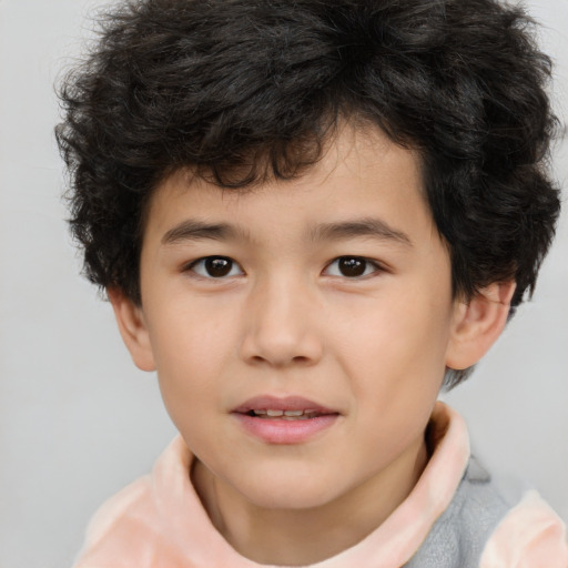 Joyful white child male with short  brown hair and brown eyes