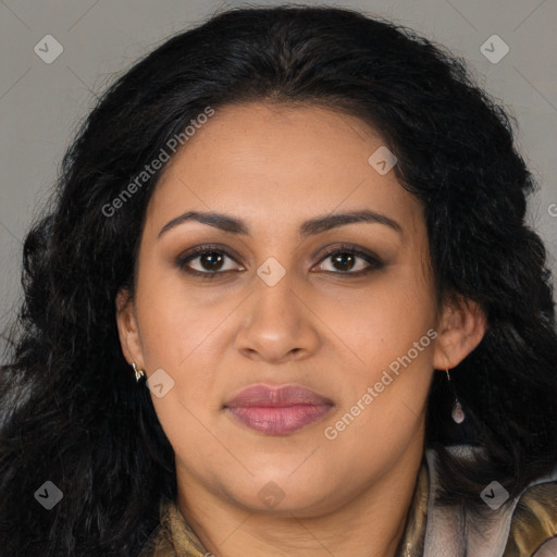 Joyful latino young-adult female with long  brown hair and brown eyes