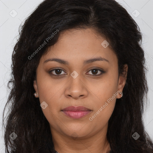 Joyful latino young-adult female with long  brown hair and brown eyes