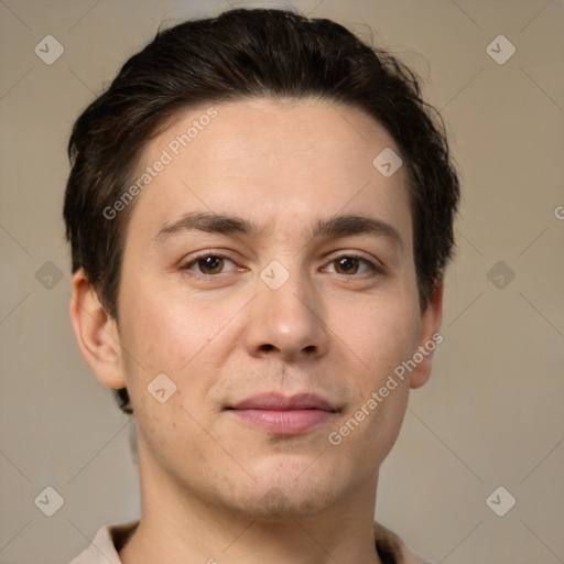 Neutral white young-adult male with short  brown hair and brown eyes