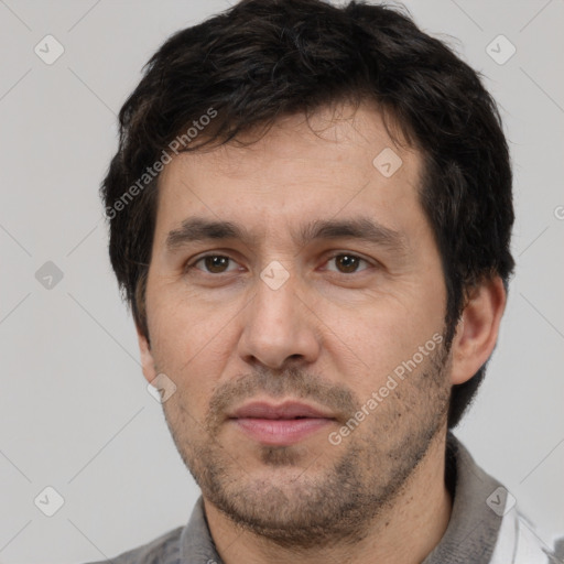 Neutral white adult male with short  black hair and brown eyes