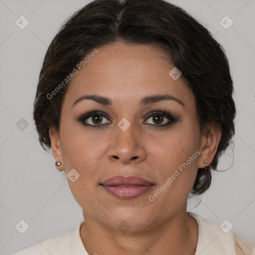 Joyful latino young-adult female with medium  brown hair and brown eyes