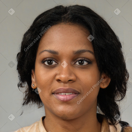 Joyful black young-adult female with medium  black hair and brown eyes