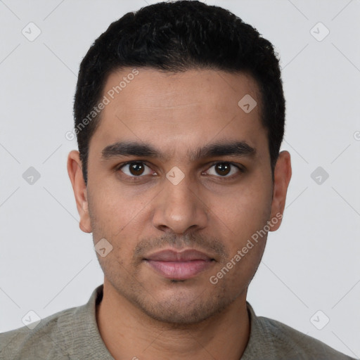 Neutral latino young-adult male with short  black hair and brown eyes