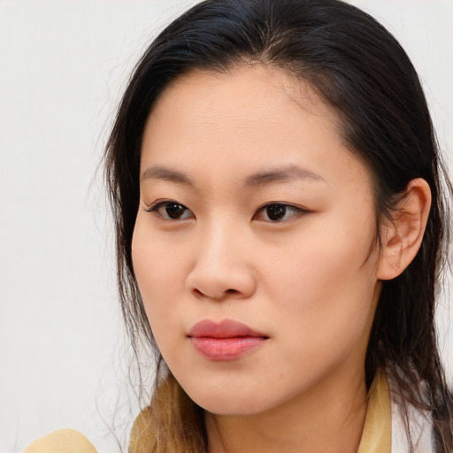 Neutral asian young-adult female with long  brown hair and brown eyes