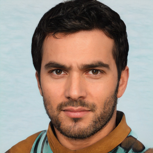 Neutral white young-adult male with short  black hair and brown eyes