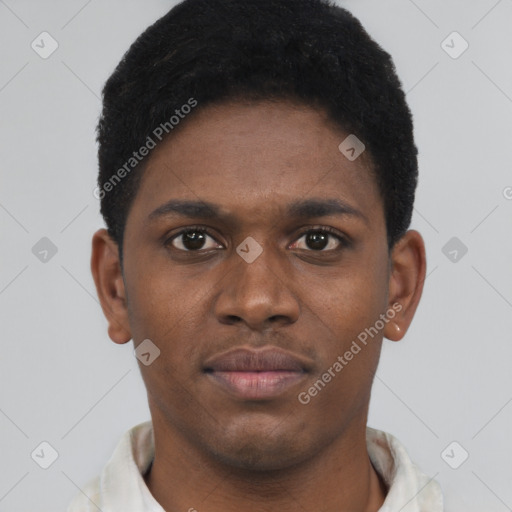 Neutral black young-adult male with short  black hair and brown eyes
