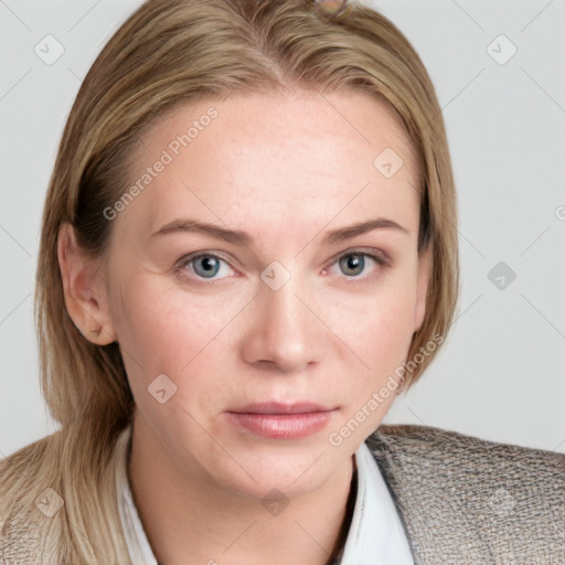 Neutral white young-adult female with medium  brown hair and blue eyes