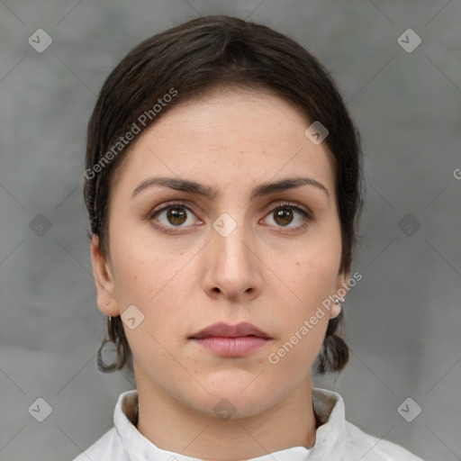 Neutral white young-adult female with medium  brown hair and brown eyes