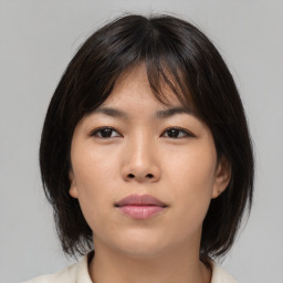 Neutral asian young-adult female with medium  brown hair and brown eyes