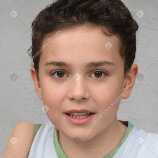 Joyful white child female with short  brown hair and brown eyes