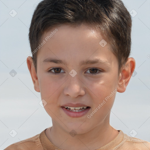 Joyful white child male with short  brown hair and brown eyes