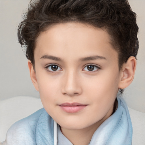 Joyful white child female with short  brown hair and brown eyes