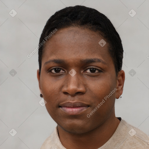 Neutral black young-adult female with short  black hair and brown eyes