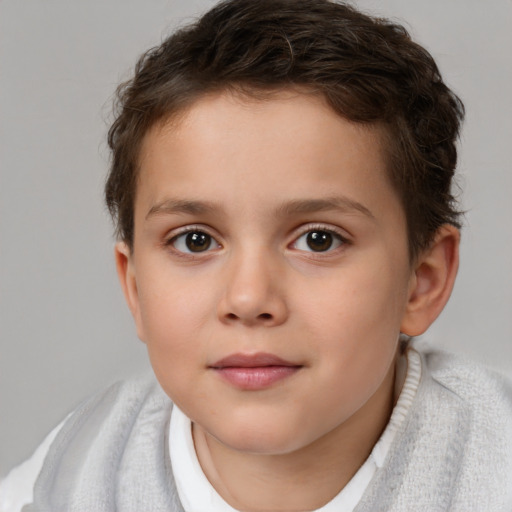 Joyful white child female with short  brown hair and brown eyes