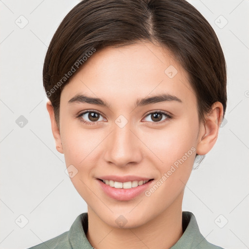 Joyful white young-adult female with short  brown hair and brown eyes