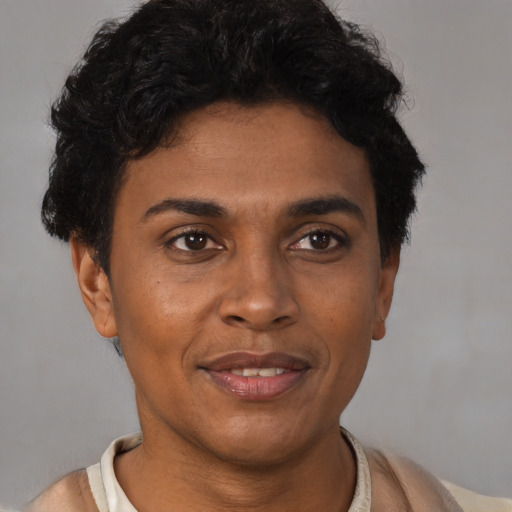 Joyful latino young-adult male with short  brown hair and brown eyes