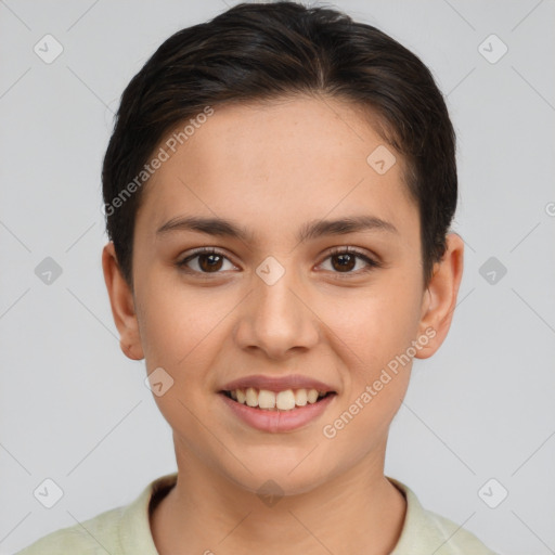 Joyful white young-adult female with short  brown hair and brown eyes