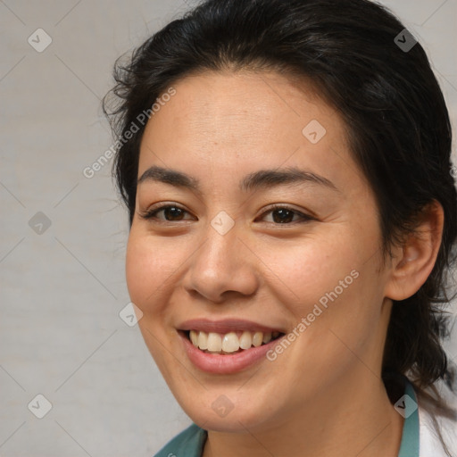 Joyful asian young-adult female with medium  brown hair and brown eyes