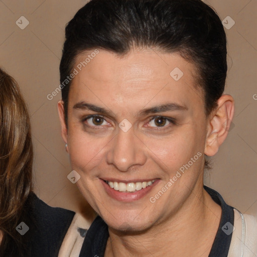 Joyful white adult female with medium  brown hair and brown eyes