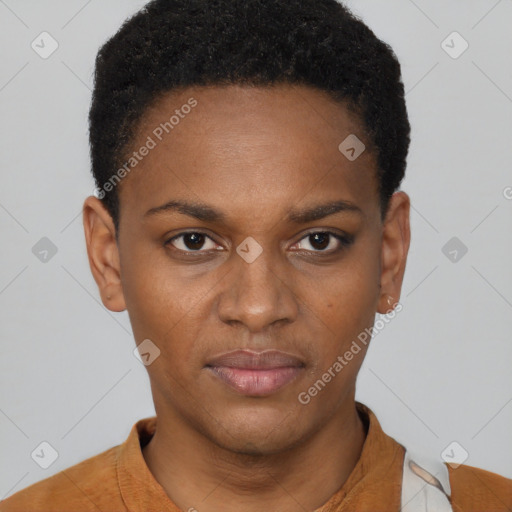 Neutral black young-adult female with short  black hair and brown eyes