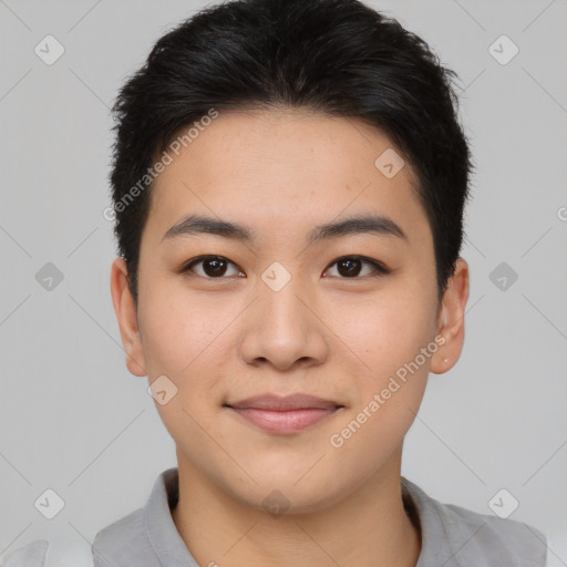 Joyful asian young-adult male with short  brown hair and brown eyes