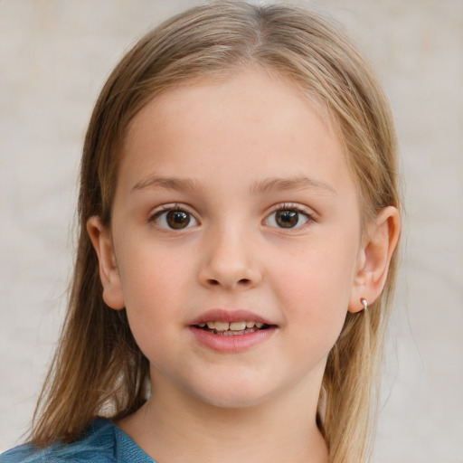 Neutral white child female with medium  brown hair and blue eyes