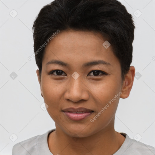 Joyful asian young-adult female with short  brown hair and brown eyes