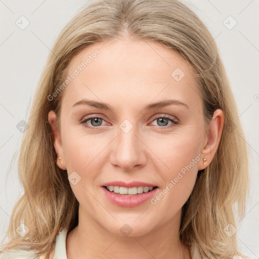 Joyful white young-adult female with medium  brown hair and blue eyes