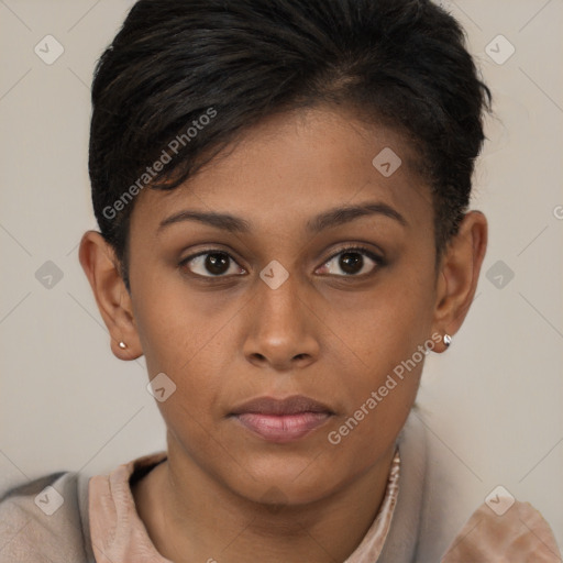 Joyful black young-adult female with short  brown hair and brown eyes