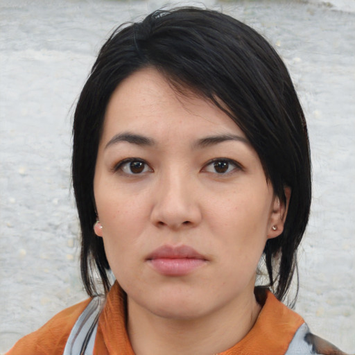 Neutral white young-adult female with medium  black hair and brown eyes